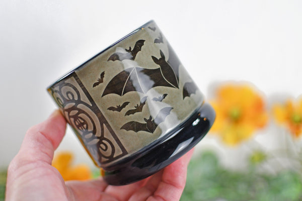 Handmade Bats Cup - Bat Lover Gift, Gothic Ceramic Tumbler, Nature Inspired Pottery for Whiskey or Wine