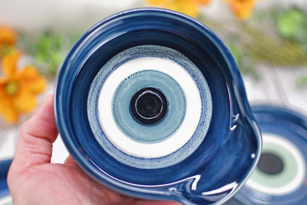 Evil Eye Ceramic Stove Top Spoon Rest Coffee Bar Tea, Pottery Nazar Blue White Handmade Handpainted Stoneware Large Housewarming Spiritual