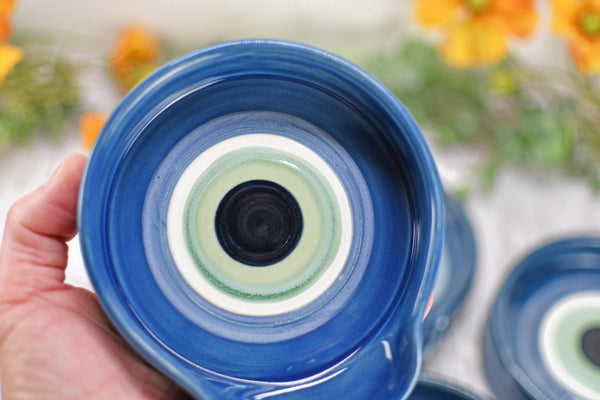 Evil Eye Ceramic Stove Top Spoon Rest Coffee Bar Tea, Pottery Nazar Blue White Handmade Handpainted Stoneware Large Housewarming Spiritual