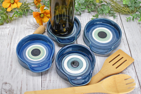 Evil Eye Ceramic Stove Top Spoon Rest Coffee Bar Tea, Pottery Nazar Blue White Handmade Handpainted Stoneware Large Housewarming Spiritual