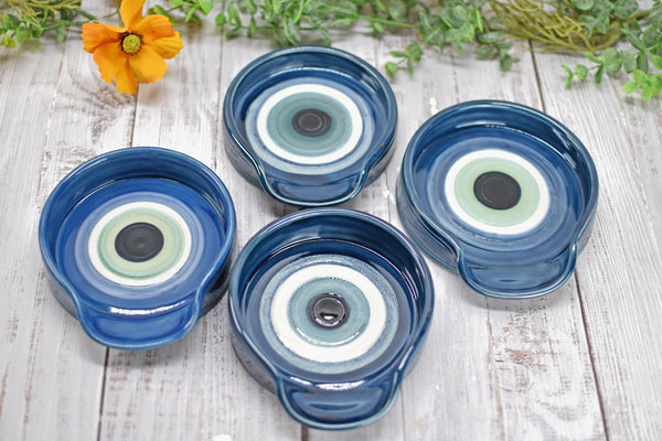 Evil Eye Ceramic Stove Top Spoon Rest Coffee Bar Tea, Pottery Nazar Blue White Handmade Handpainted Stoneware Large Housewarming Spiritual