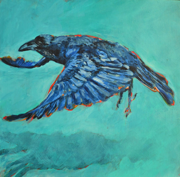 Raven Original Painting, Acrylic Original Artwork Raven Bird, Turquoise, BlueArt on Wood Panel, Bird Lover Gift