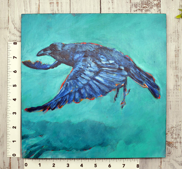 Raven Original Painting, Acrylic Original Artwork Raven Bird, Turquoise, BlueArt on Wood Panel, Bird Lover Gift