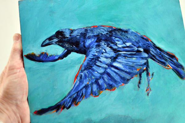 Raven Original Painting, Acrylic Original Artwork Raven Bird, Turquoise, BlueArt on Wood Panel, Bird Lover Gift