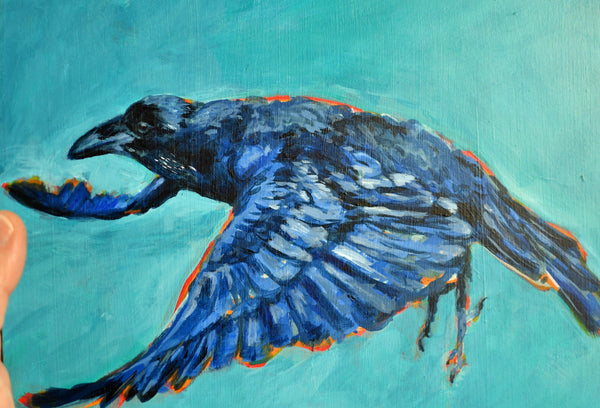 Raven Original Painting, Acrylic Original Artwork Raven Bird, Turquoise, BlueArt on Wood Panel, Bird Lover Gift
