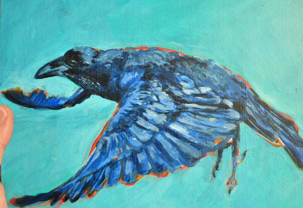 Raven Original Painting, Acrylic Original Artwork Raven Bird, Turquoise, BlueArt on Wood Panel, Bird Lover Gift