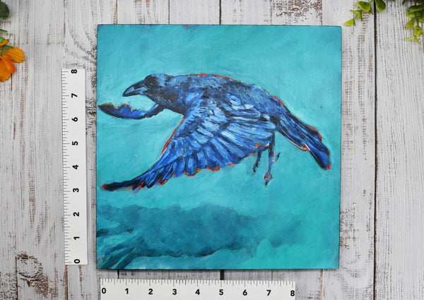 Raven Original Painting, Acrylic Original Artwork Raven Bird, Turquoise, BlueArt on Wood Panel, Bird Lover Gift
