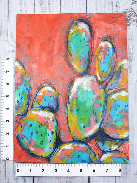 Cactus Abstract Painting Wall Art, Bright Color Desert Artwork, Original Mixed Media Painting on Paper (Unframed 9x12), Green, Blue, Orange