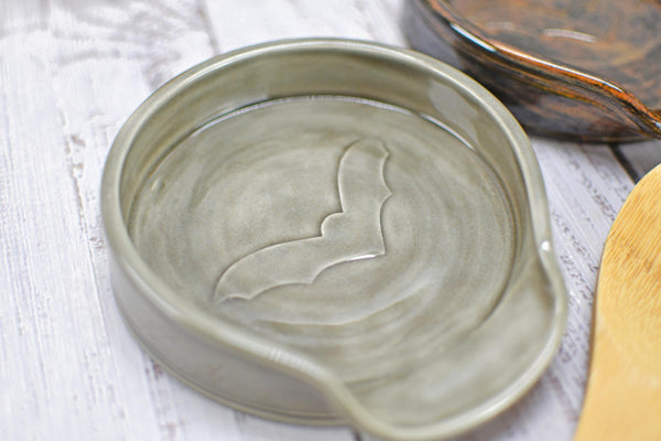 Bat Large Ceramic Stove Top Spoon Rest, Handmade Stoneware Pottery, Halloween Gray, Sparkle Black, Gothic Decor for Kitchen & Coffee Bar