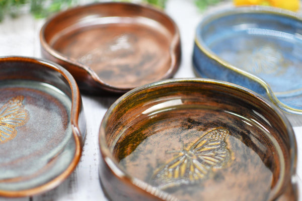 Monarch Butterfly Ceramic Spoon Rest, Handmade Stoneware Pottery, Kitchen Stove Dining, Soap Dish, Wine Bottle Drip Black Copper Blue Green
