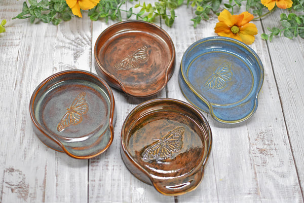 Monarch Butterfly Ceramic Spoon Rest, Handmade Stoneware Pottery, Kitchen Stove Dining, Soap Dish, Wine Bottle Drip Black Copper Blue Green