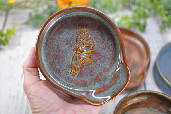 Monarch Butterfly Ceramic Spoon Rest, Handmade Stoneware Pottery, Kitchen Stove Dining, Soap Dish, Wine Bottle Drip Black Copper Blue Green