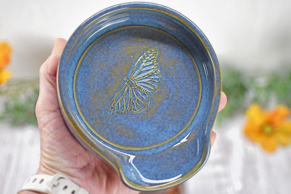 Monarch Butterfly Ceramic Spoon Rest, Handmade Stoneware Pottery, Kitchen Stove Dining, Soap Dish, Wine Bottle Drip Black Copper Blue Green