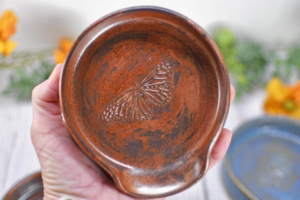 Monarch Butterfly Ceramic Spoon Rest, Handmade Stoneware Pottery, Kitchen Stove Dining, Soap Dish, Wine Bottle Drip Black Copper Blue Green