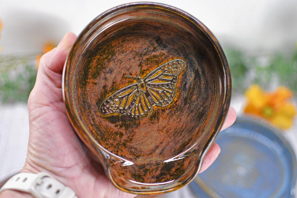 Monarch Butterfly Ceramic Spoon Rest, Handmade Stoneware Pottery, Kitchen Stove Dining, Soap Dish, Wine Bottle Drip Black Copper Blue Green