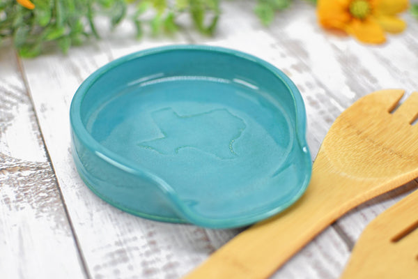 Texas Ceramic Spoon Rest, Turquoise Stoneware Pottery, Handmade Coffee Tea Spoon, Jewelry Trinket Dish