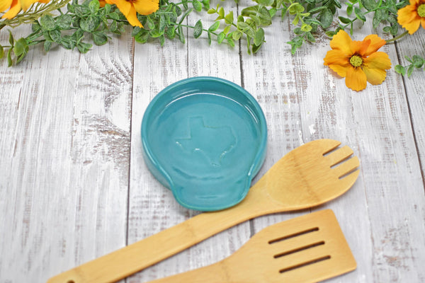 Texas Ceramic Spoon Rest, Turquoise Stoneware Pottery, Handmade Coffee Tea Spoon, Jewelry Trinket Dish