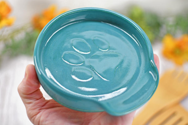 Paw Print Ceramic Spoon Rest Stove Top Wine Bottle Drip Dish Handmade Stoneware Pottery Dog Cat Animal Lover Gift Friend Mom Blue Brown