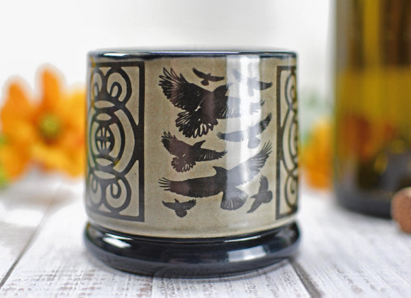 Handmade Raven Bird Cup - Bird Lover Gift, Gothic Ceramic Tumbler, Nature Inspired Pottery for Whiskey or Wine, A Murder of Ravens
