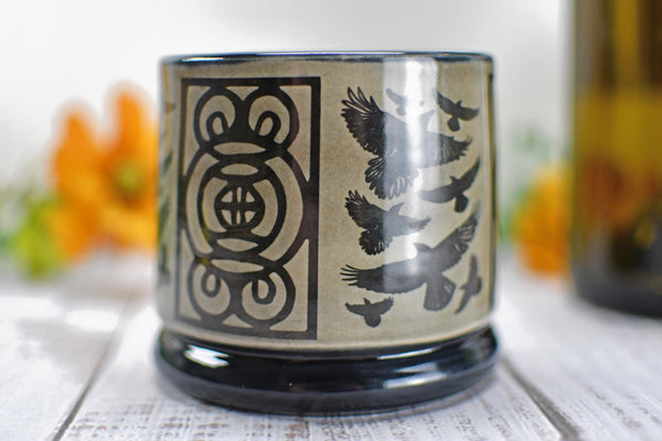 Handmade Raven Bird Cup - Bird Lover Gift, Gothic Ceramic Tumbler, Nature Inspired Pottery for Whiskey or Wine, A Murder of Ravens
