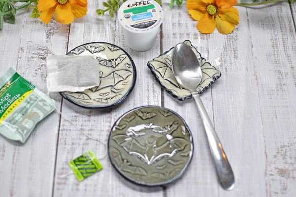 Handmade Bats Coffee Spoon Rest - Bat Lover Gift, Gothic Ceramic Halloween Pottery for Coffee Bar