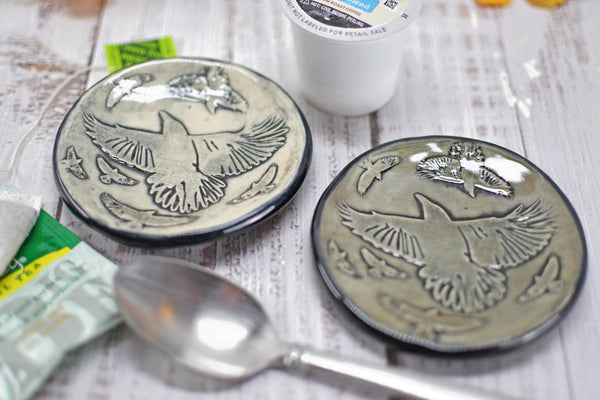 Handmade Ravens Coffee Spoon Rest - Bird Lover Gift, Murder of Ravens Gothic Ceramic Halloween Pottery for Coffee Bar