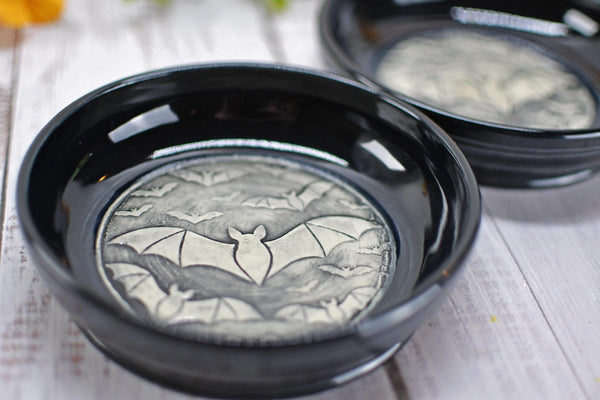 Handmade Bats Small Candy Dish - Bat Lover Gift, Gothic Ceramic Pottery Bowl for Halloween, Nuts, Snacks, Trinkets, Condiments, & Small Soap