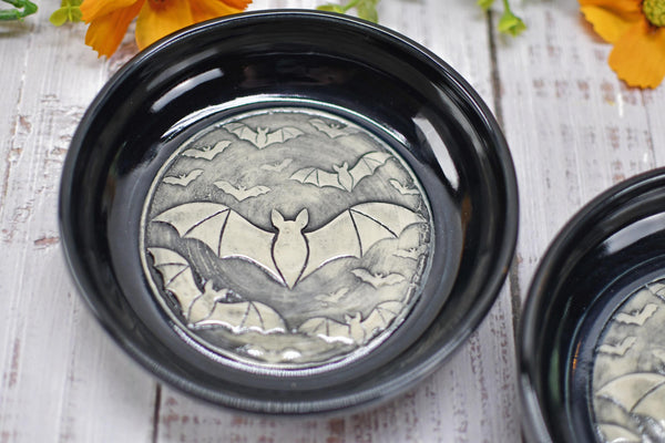 Handmade Bats Small Candy Dish - Bat Lover Gift, Gothic Ceramic Pottery Bowl for Halloween, Nuts, Snacks, Trinkets, Condiments, & Small Soap