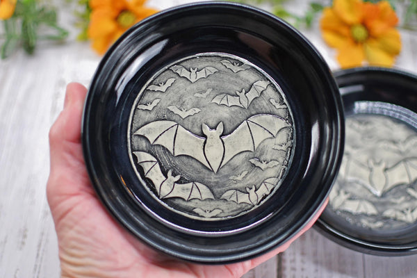 Handmade Bats Small Candy Dish - Bat Lover Gift, Gothic Ceramic Pottery Bowl for Halloween, Nuts, Snacks, Trinkets, Condiments, & Small Soap