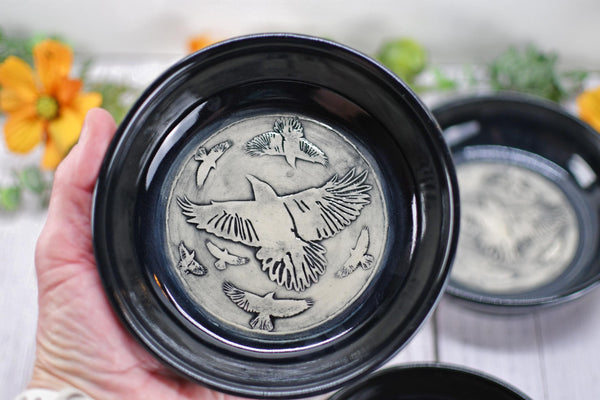 Handmade Ravens Small Candy Dish - Murder of Ravens Gothic Ceramic Pottery Bowl for Halloween, Nuts, Snacks, Trinkets, Condiments