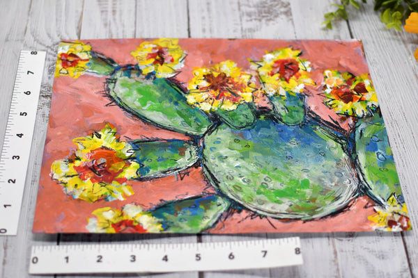 Cactus Blooming Abstract Painting Wall Art, Bright Color Desert Artwork, Original Mixed Media Painting on Paper (Unframed 9x12)