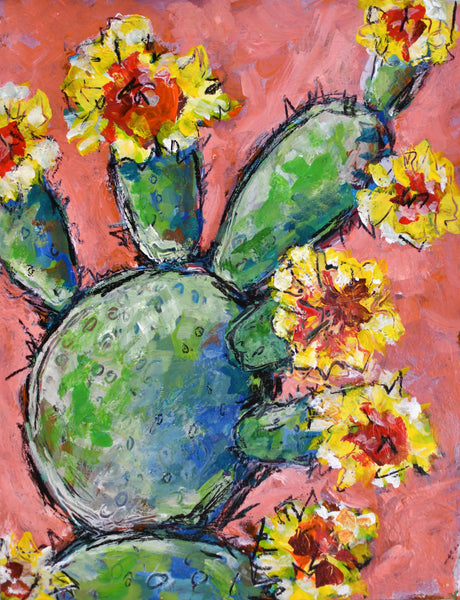 Cactus Blooming Abstract Painting Wall Art, Bright Color Desert Artwork, Original Mixed Media Painting on Paper (Unframed 9x12)