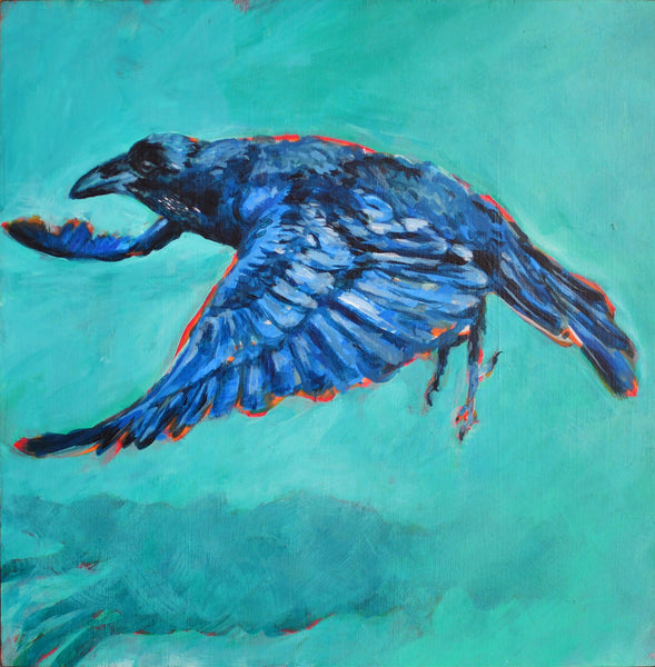 Raven Original Painting, Acrylic Original Artwork Raven Bird, Turquoise, BlueArt on Wood Panel, Bird Lover Gift