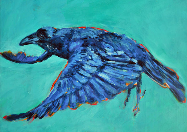 Raven Original Painting, Acrylic Original Artwork Raven Bird, Turquoise, BlueArt on Wood Panel, Bird Lover Gift