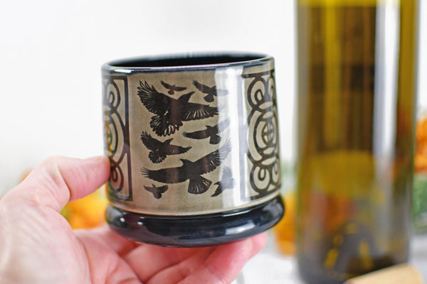 Handmade Raven Bird Cup - Bird Lover Gift, Gothic Ceramic Tumbler, Nature Inspired Pottery for Whiskey or Wine, A Murder of Ravens