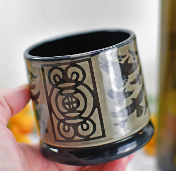 Handmade Raven Bird Cup - Bird Lover Gift, Gothic Ceramic Tumbler, Nature Inspired Pottery for Whiskey or Wine, A Murder of Ravens