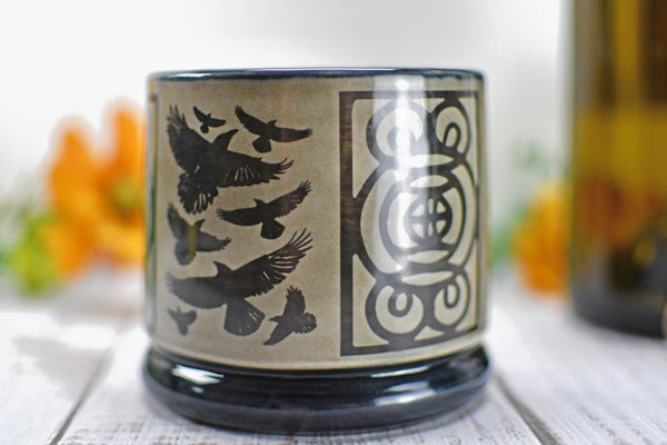 Handmade Raven Bird Cup - Bird Lover Gift, Gothic Ceramic Tumbler, Nature Inspired Pottery for Whiskey or Wine, A Murder of Ravens