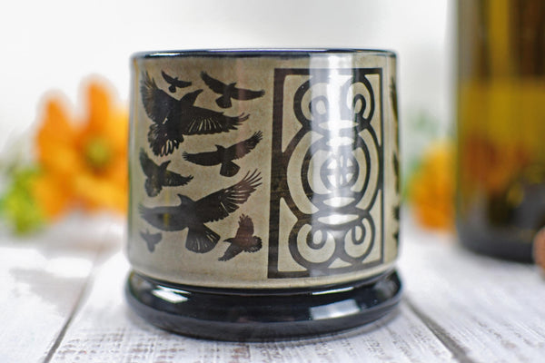 Handmade Raven Bird Cup - Bird Lover Gift, Gothic Ceramic Tumbler, Nature Inspired Pottery for Whiskey or Wine, A Murder of Ravens