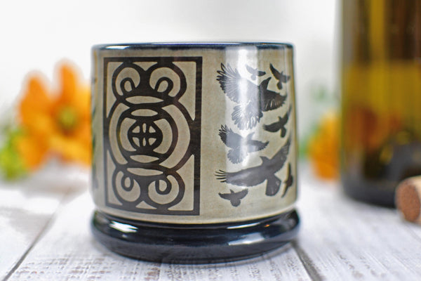 Handmade Raven Bird Cup - Bird Lover Gift, Gothic Ceramic Tumbler, Nature Inspired Pottery for Whiskey or Wine, A Murder of Ravens