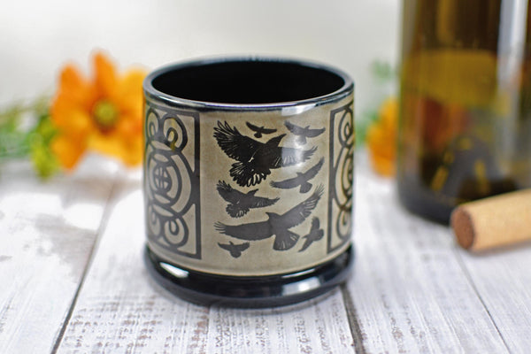 Handmade Raven Bird Cup - Bird Lover Gift, Gothic Ceramic Tumbler, Nature Inspired Pottery for Whiskey or Wine, A Murder of Ravens