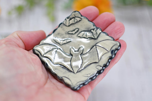 Handmade Bats Coffee Spoon Rest - Bat Lover Gift, Gothic Ceramic Halloween Pottery for Coffee Bar
