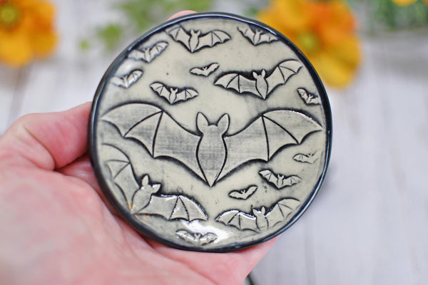 Handmade Bats Coffee Spoon Rest - Bat Lover Gift, Gothic Ceramic Halloween Pottery for Coffee Bar