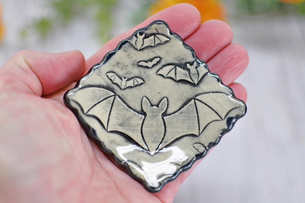 Handmade Bats Coffee Spoon Rest - Bat Lover Gift, Gothic Ceramic Halloween Pottery for Coffee Bar