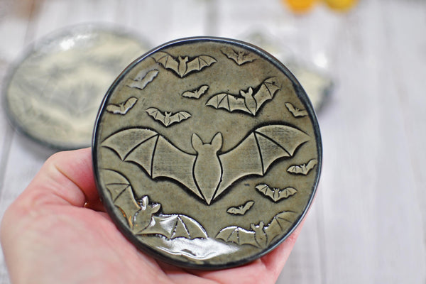 Handmade Bats Coffee Spoon Rest - Bat Lover Gift, Gothic Ceramic Halloween Pottery for Coffee Bar