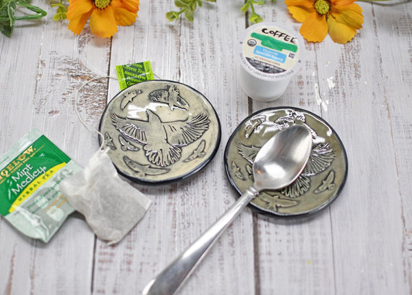 Handmade Ravens Coffee Spoon Rest - Bird Lover Gift, Murder of Ravens Gothic Ceramic Halloween Pottery for Coffee Bar