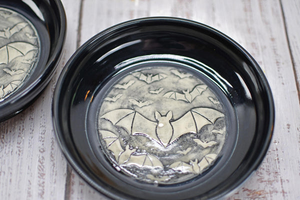 Handmade Bats Small Candy Dish - Bat Lover Gift, Gothic Ceramic Pottery Bowl for Halloween, Nuts, Snacks, Trinkets, Condiments, & Small Soap