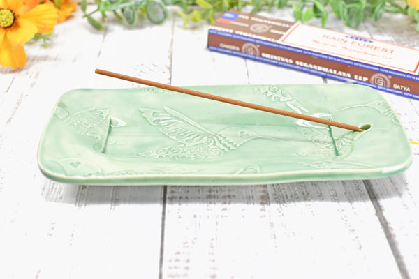 Ceramic Incense Holder, Handmade Stoneware Pottery, Hummingbird Incense Stick Burner, Celadon Pastel Green
