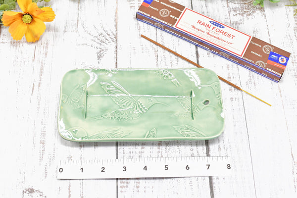 Ceramic Incense Holder, Handmade Stoneware Pottery, Hummingbird Incense Stick Burner, Celadon Pastel Green