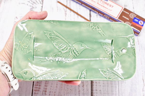 Ceramic Incense Holder, Handmade Stoneware Pottery, Hummingbird Incense Stick Burner, Celadon Pastel Green