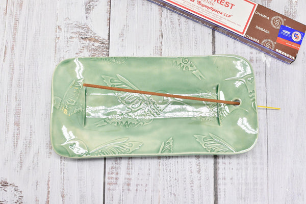 Ceramic Incense Holder, Handmade Stoneware Pottery, Hummingbird Incense Stick Burner, Celadon Pastel Green